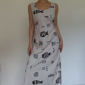Vintage Sleeveless Linen & Cotton Geometric Fish Print Tie Back Maxi Dress
